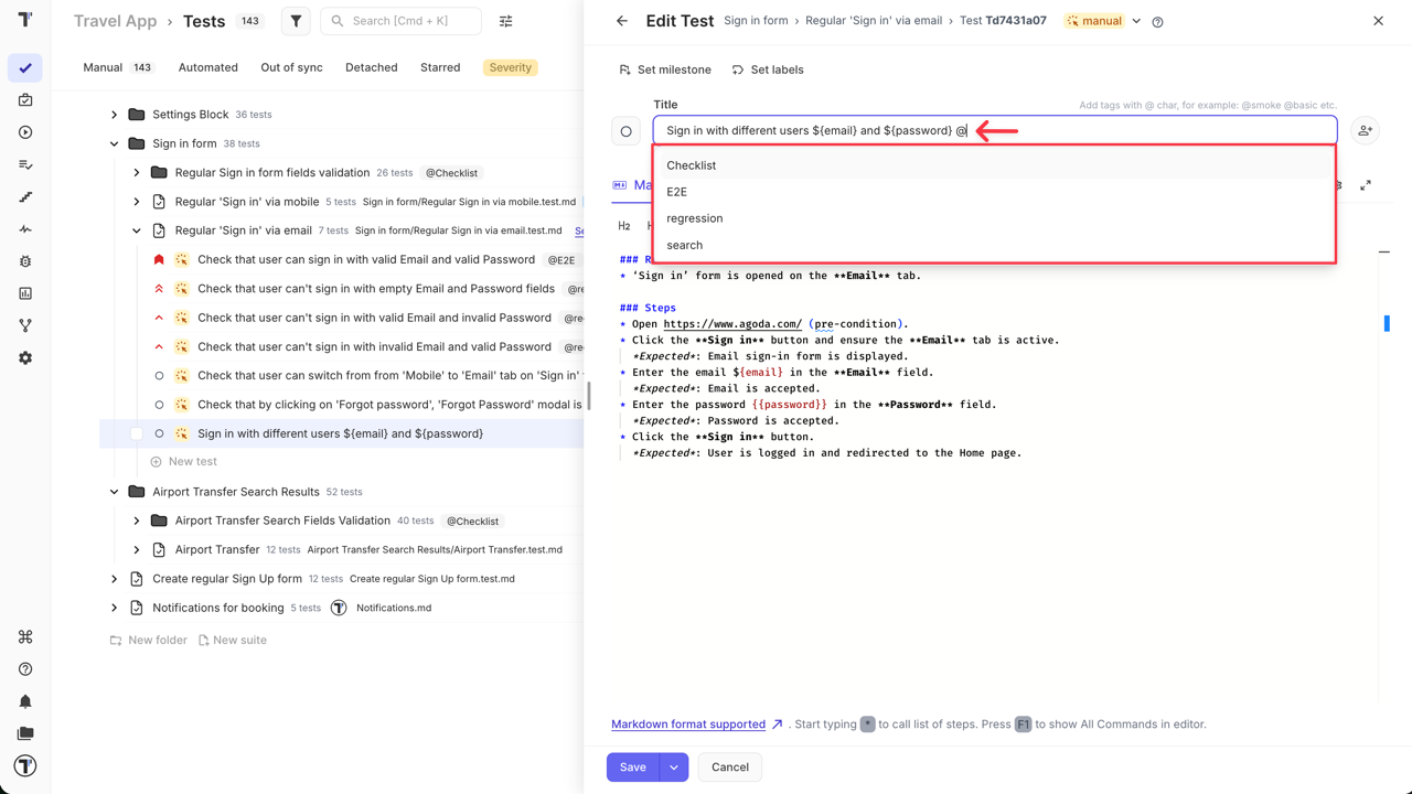 Testomatio - Autocomplete tag