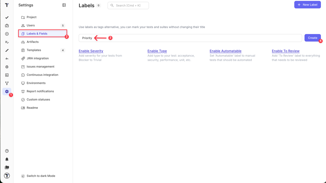 Testomatio - Create Label