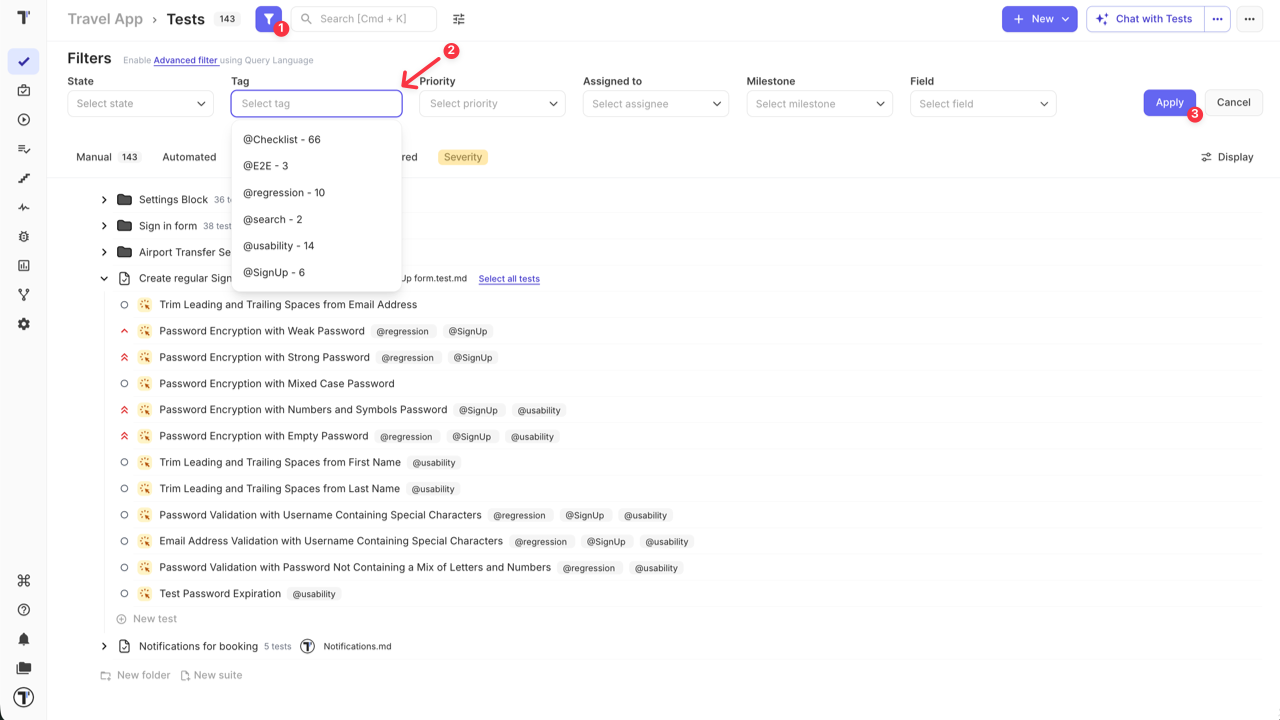 Testomatio - Filtering by Tags