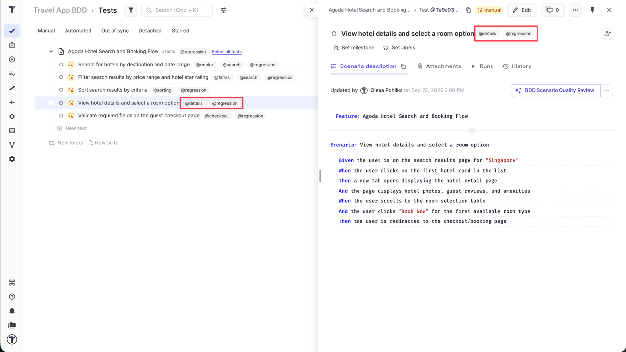 Testomatio - Tag in BDD
